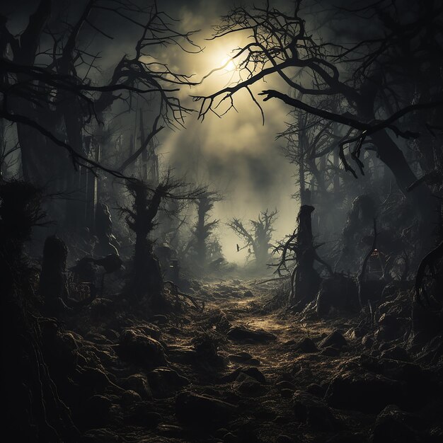Nuit hantée Un fond d'Halloween avec des ombres étranges et un mystérieux clair de lune