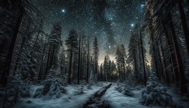 Nuit d'hiver tranquille au fond de la forêt sous un ciel étoilé généré par l'intelligence artificielle