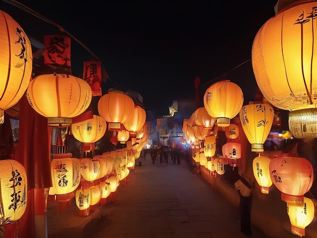 La nuit, des lanternes éclairent les rues de la ville antique.