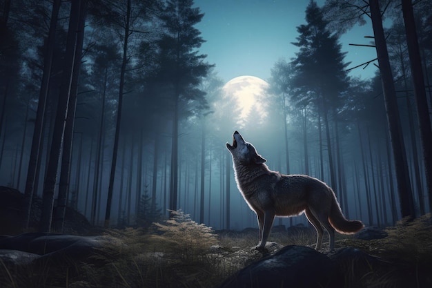 Photo la nuit de la lune de la forêt du loup art du visage de l'hiver prédateur canin générer ai