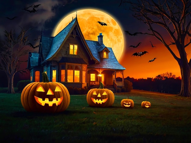 La nuit de lune d'Halloween avec des citrouilles et des chauves-souris volant en arrière-plan