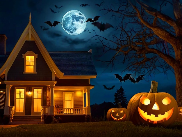 La nuit de lune d'Halloween avec des citrouilles et des chauves-souris volant en arrière-plan