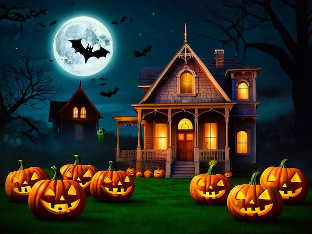 La nuit de lune d'Halloween avec des citrouilles et des chauves-souris volant en arrière-plan