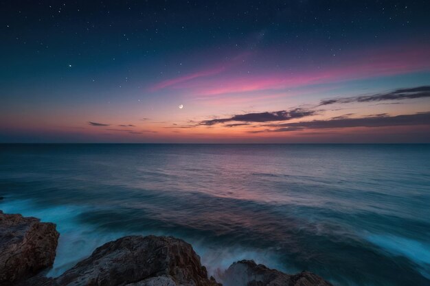 Une nuit de lune sur la mer avec un ciel coloré et un paysage naturel serein