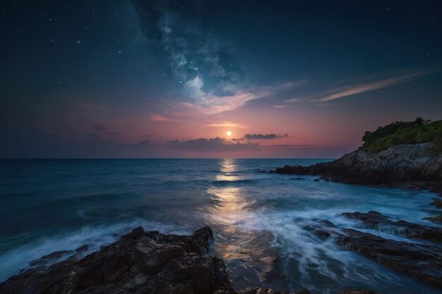 Une nuit de lune sur la mer avec un ciel coloré et un paysage naturel serein