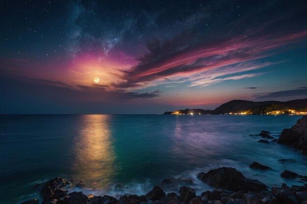 Une nuit de lune sur la mer avec un ciel coloré et un paysage naturel serein