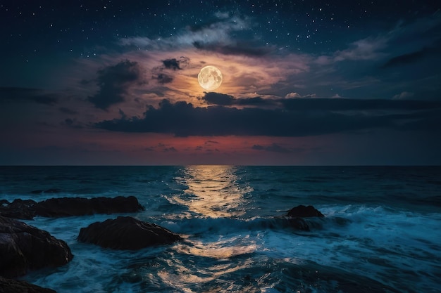 Une nuit de lune sur la mer avec un ciel coloré et un paysage naturel serein