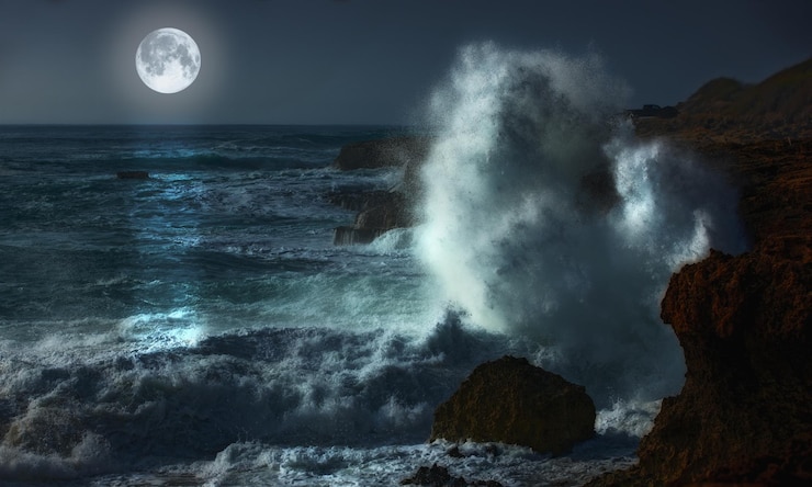 Photo la nuit, la lune et les vagues dans l'océan pour le paysage, la beauté naturelle ou la paix avec l'environnement, la mer noire et le littoral rocheux avec la lueur ou l'énergie de la planète en été, la tempête d'eau en vacances à l'île maurice.