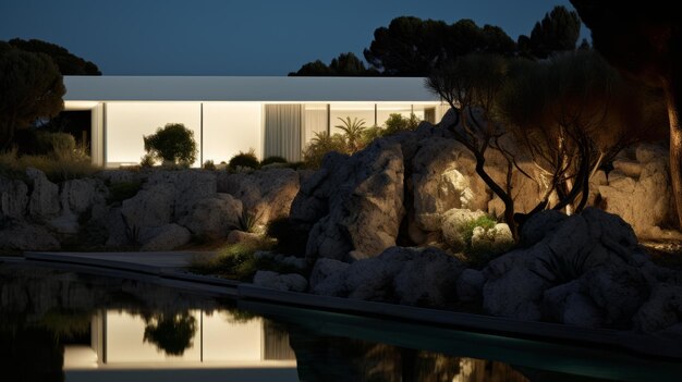 La nuit à la maison sur les rochers blanc foncé et blanc clair style