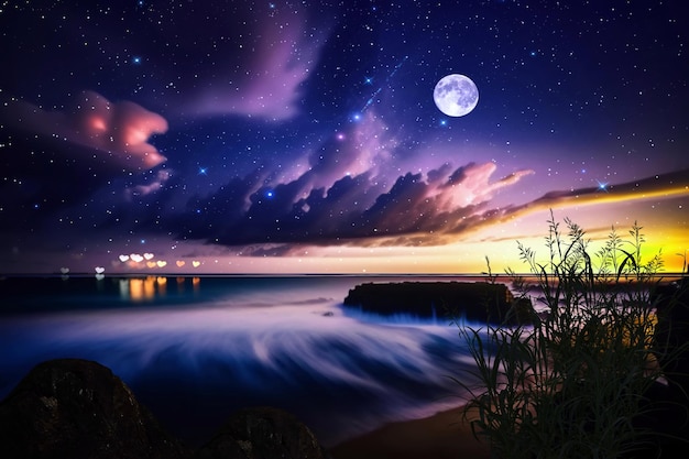 Photo nuit en mer ciel étoilé et lune sur des nuages dramatiques vague d'eau de mer et pierres à l'horizon