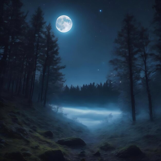 La nuit la nature la forêt sombre la lune mystique la lumière l'univers magique l'espace extérieur les fées volant les étincelles lumineuses