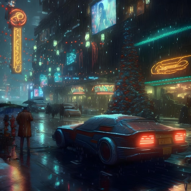 Nuit de Noël dans l'art généré par le réseau de neurones de la ville cyberpunk