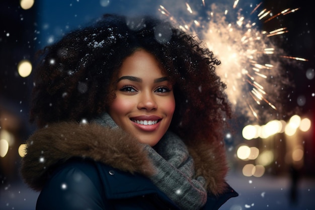 Une nuit de Noël magique avec de la neige et des feux d'artifice fabriqués avec la technologie d'IA générative