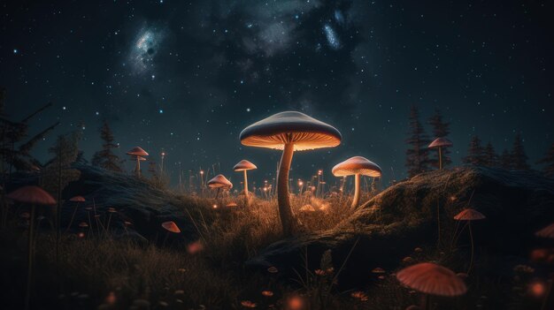 Une nuit noire avec des champignons et les étoiles