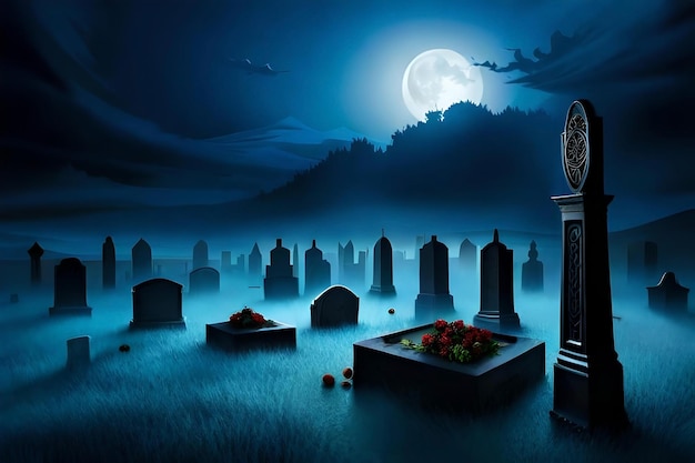 Une nuit noire avec un cimetière en arrière-plan.