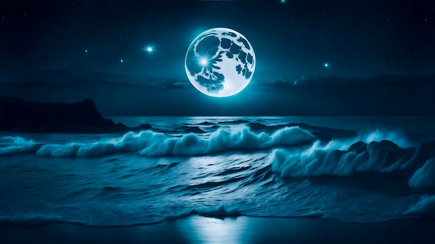 Nuit océan paysage lune et étoiles brillent