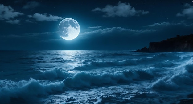 Nuit océan paysage pleine lune et étoiles brillent