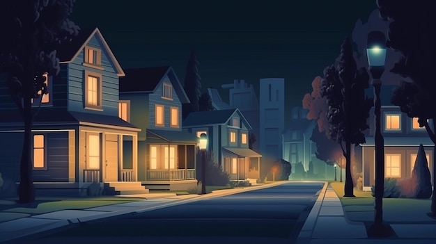 La nuit, un paysage d'une rue de banlieue vide avec une maison Arrière-plan d'une habitation résidentielle de quartier Generative AI