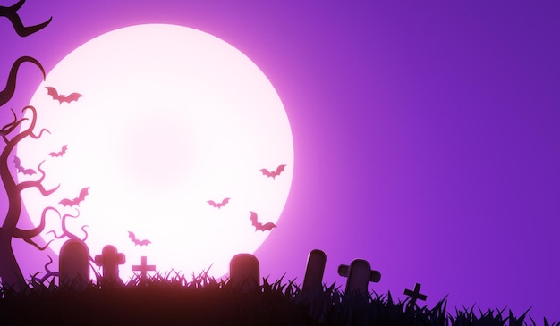 Nuit, pleine lune et chauves-souris, bannière. Illustration 3d effrayante colorée d'Halloween.