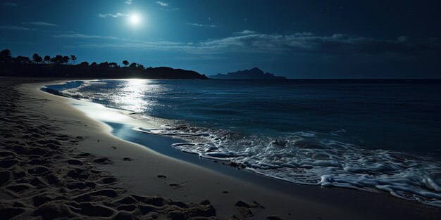 La nuit de pleine lune sur une plage isolée les vagues s'écrasent doucement