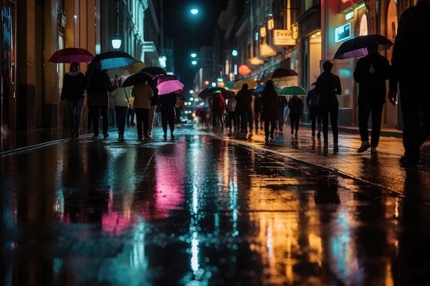 Nuit de pluie dans la ville lumières parapluies colorés et reflets urbains IA générative