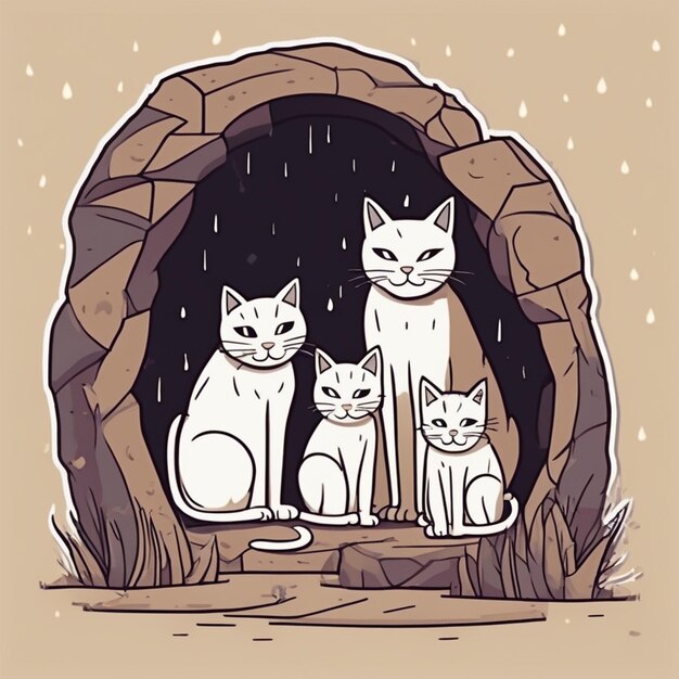 Une nuit de pluie, une famille de chats errants regarde par l'entrée d'une grotte.