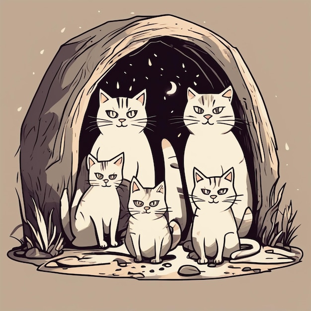 Une nuit de pluie, une famille de chats errants regarde par l'entrée d'une grotte.