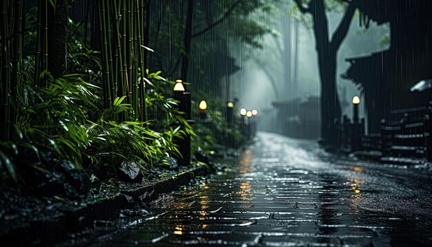 Photo une nuit de pluie avec un lampadaire et des arbres