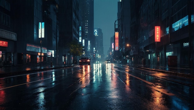 Une nuit de pluie avec une voiture qui descend la rue