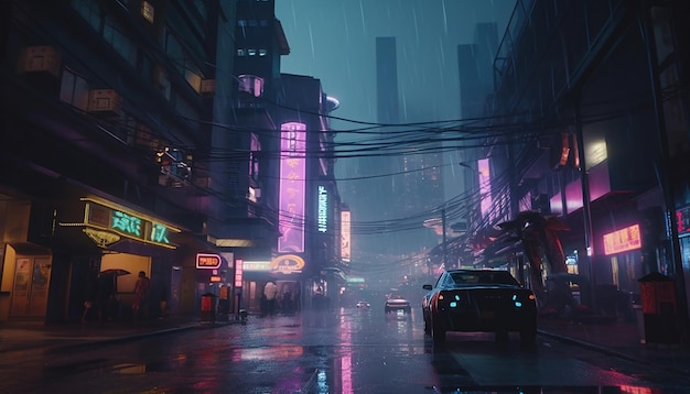 Une nuit pluvieuse dans la ville du cyberpunk