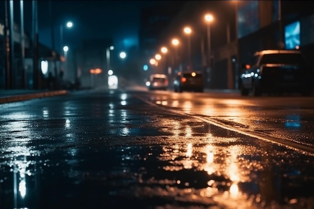 Une nuit pluvieuse dans la ville avec une voiture sur la route et une rue éclairée.