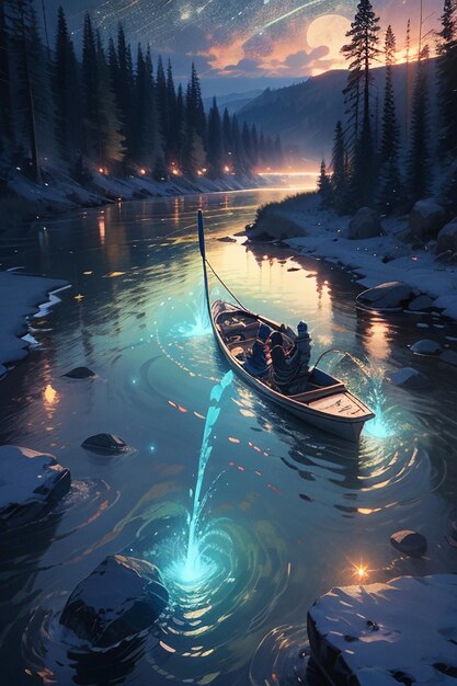 Nuit rougeoyante rivière montagnes forêt arbres village brumeux papier peint fond illustration dessin animé