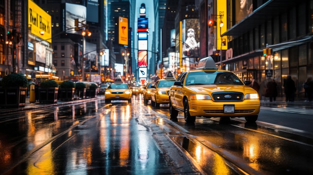 La nuit, la rue de New York avec des taxis jaunes a généré