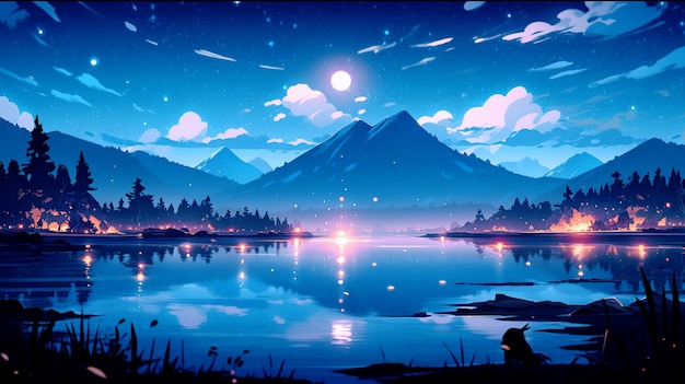 Nuit sereine Une illustration numérique d’un paysage de montagne avec une lune