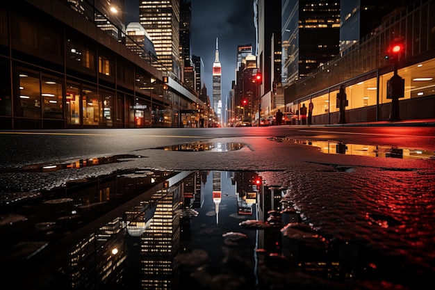 Photo nuit sombre et pluvieuse en ville la faible lumière de la grande ville se reflète sur le trottoir mouillé créant un