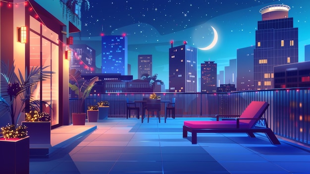 La nuit, terrasse sur le toit avec vue sur la ville, patio vide sur le sommet avec balustrades et un paysage urbain avec des bâtiments modernes et des gratte-ciel, maison de dessins animés moderne.