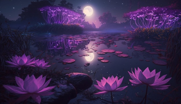 Une nuit violette avec des nénuphars au premier plan et une pleine lune en arrière-plan.