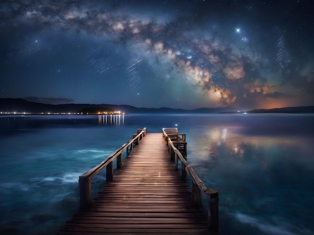 Nuits étoilées sur la jetée en bois au bord de l'eau sous la galaxie