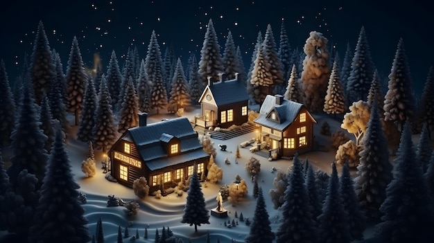 Les nuits d'hiver les maisons en dehors de la ville dans les montagnes et les forêts de conifères denses couvertes de neige
