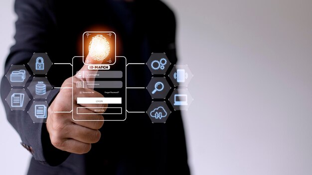 Photo numérisation d'empreintes digitales et authentification biométrique traitement de données biométriques pour l'accès surveillance de données personnelles et numérisation de sécurité de programmes numériques applications cyber-futuristes