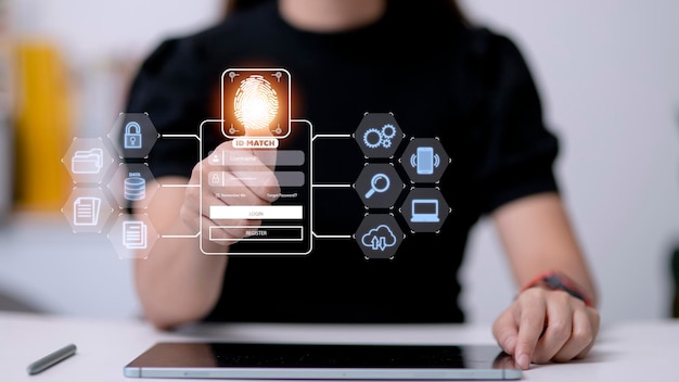 Photo numérisation d'empreintes digitales et authentification biométrique traitement de données biométriques pour l'accès surveillance de données personnelles et numérisation de sécurité de programmes numériques applications cyber-futuristes