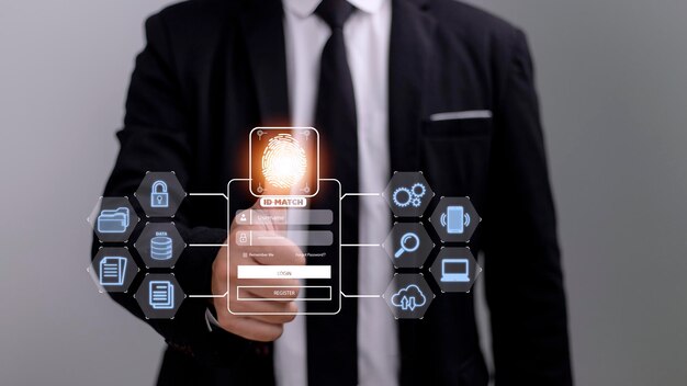 Photo numérisation d'empreintes digitales et authentification biométrique traitement de données biométriques pour l'accès surveillance de données personnelles et numérisation de sécurité de programmes numériques applications cyber-futuristes