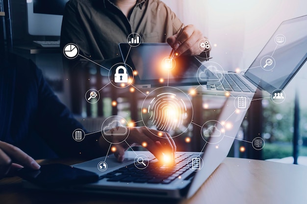 Numérisation d'empreintes digitales et traitement d'authentification biométrique de la biométrie pour accéder à la surveillance des données personnelles et à la numérisation de sécurité des programmes numériques applications cyber-futuristes