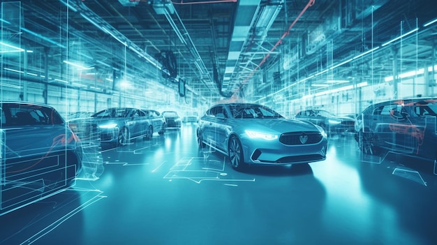 Numérisation de l'industrie automobile Industrie 40 Chaîne d'assemblage automatisée de bras de robot 5G et IOT Production de véhicules électriques de haute technologie Efficacité de l'IA, analyse et numérisation de la vision par ordinateur