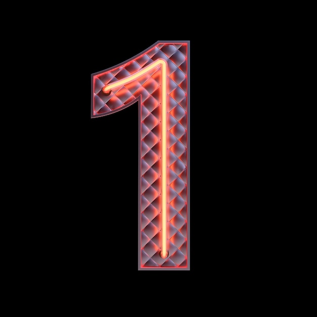 Numéro 1, Alphabet. Numéro 3d rétro néon isolé sur fond noir avec un tracé de détourage. illustration 3D.