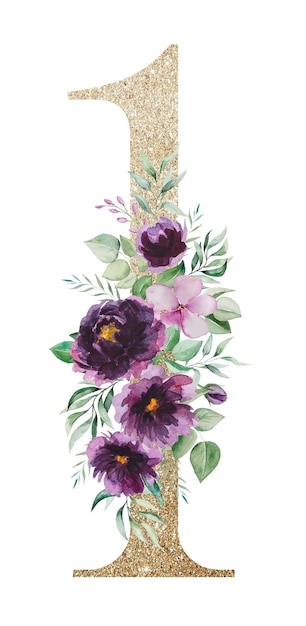 Numéro 1 doré clair avec des roses violettes aquarelles et des bouquets de feuilles vertes Alphabet floral