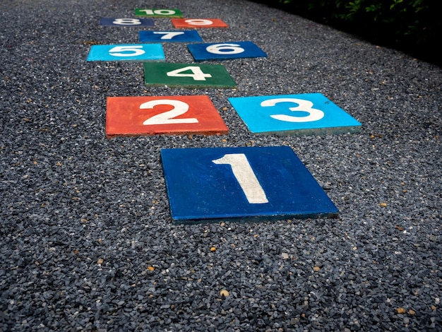 Photo numéro 1 sur la marelle multicolore sur le sol asphalté dans l'aire de jeux pour enfants sans activités de jeu en plein air pour les enfants concept de croissance et d'éducation