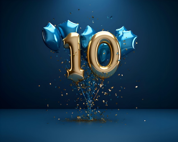 Numéro 10 ballon en feuille d'or explosant sur fond bleu Render 3D