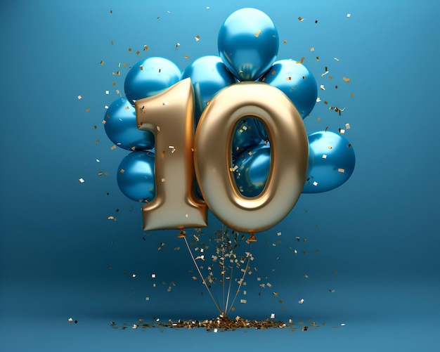 Numéro 10 ballon en feuille d'or avec des paillettes Fond bleu Render 3D