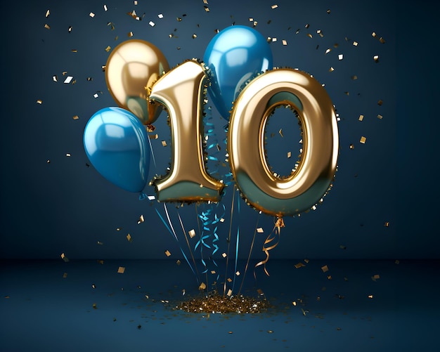 Numéro 10 ballons dorés et bleus avec des rubans 3D Render